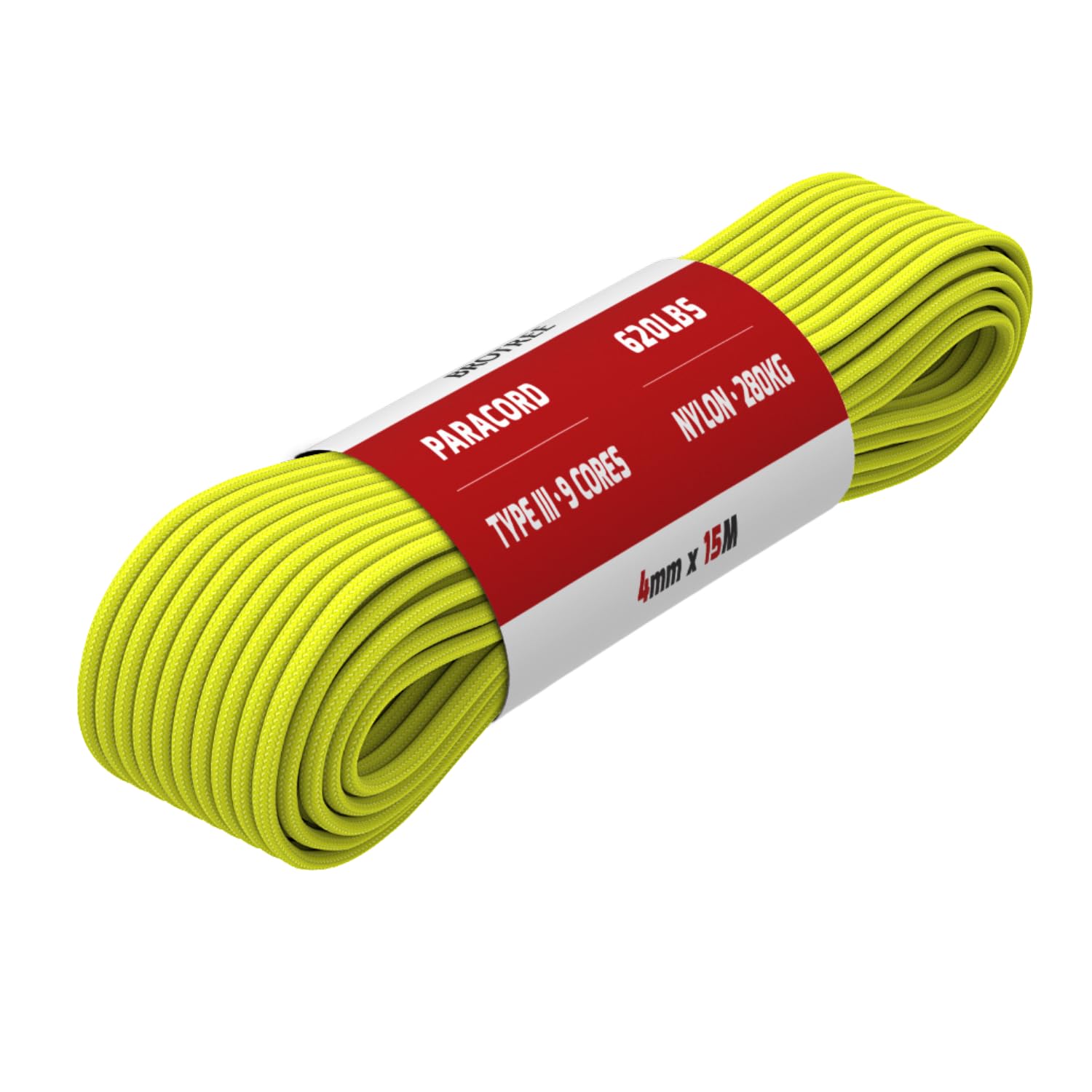Brotree Paracord 4mm 15M 9 Strands 100% Nylon Rope Type 3 Parachute Cord for Outdoor, Bracelet, DIY - 280kg Breaking Load (Neon Yellow)