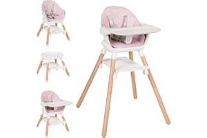 Komcot Baby High Chair, 6 in 1 Wooden Convertible High Chairs for Babies and Toddlers, Booster Seat with Double Tray & Reversible Footrest Baby Highchair, 5-Point Harness Baby Feeding Chair, Pink