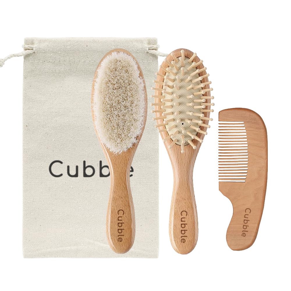 Cubble 4-Piece Baby Hair Brush and Comb Set with Storage Bag for Newborns and Toddlers, 100% Natural Beech Wood Hair Brush with Soft Goat Bristles and Comb, Cradle Cap Treatment and Massage Brush