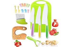 Doiaz Kids Proof Kitchen Tools for Toddlers Cooking Sets Real-Kids Safe Knives Set with Plastic Toddler Safe Knife Fruit Vegetable Crinkle Cutter Kids Cutting Board