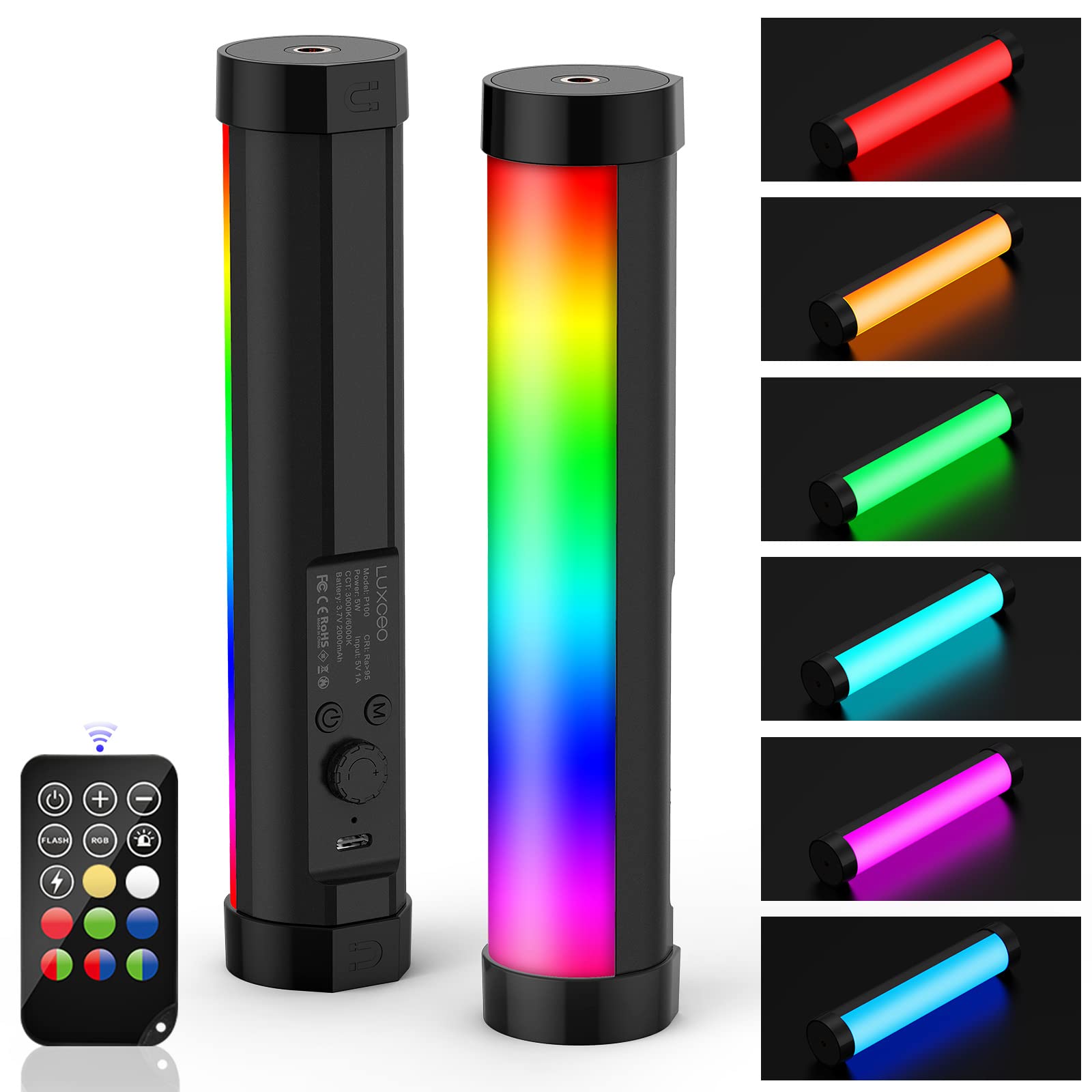 luxceo P100 RGB LED Video Light,Magnetic Photography Light,Tiktok YouTube Video Recording,CRI 95+,2000mAh,3000/6000K LED Light Stick