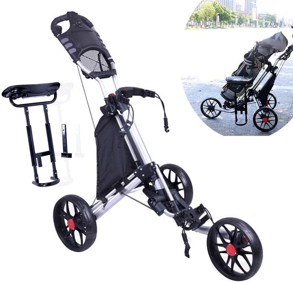ZHRLQ Push Pull Golf CART, Aluminum Fold 3 Wheel Pull Cart Trolley with Seat Bottle Holder Umbrella Stand Big Wheel