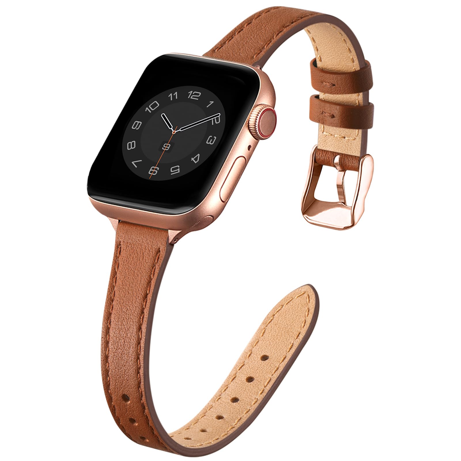SUNFWR Compatible with Apple Watch Strap 42mm 44mm 45mm,Genuine Leather Strap Replacement,Slim&Thin Wristband for iwatch Series 7/6/5/4/3/2/1,SE(42mm 44mm 45mm,Brown&Rosegold)