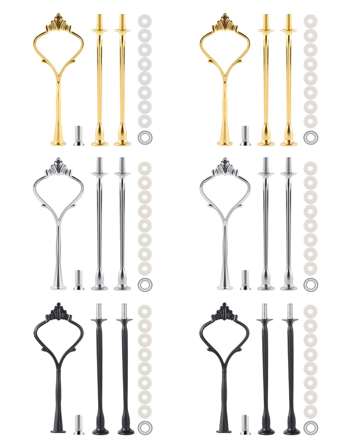MSDADA 6 Set Cake Stand Fittings Kits, 3 Tiered Tray Hardware for Cake Stand Mold 3 Tier Cake Holder Hardware for Wedding Party Making Resin Cupcake Dessert Platter Serving Stand(Gold&Silver&Black)