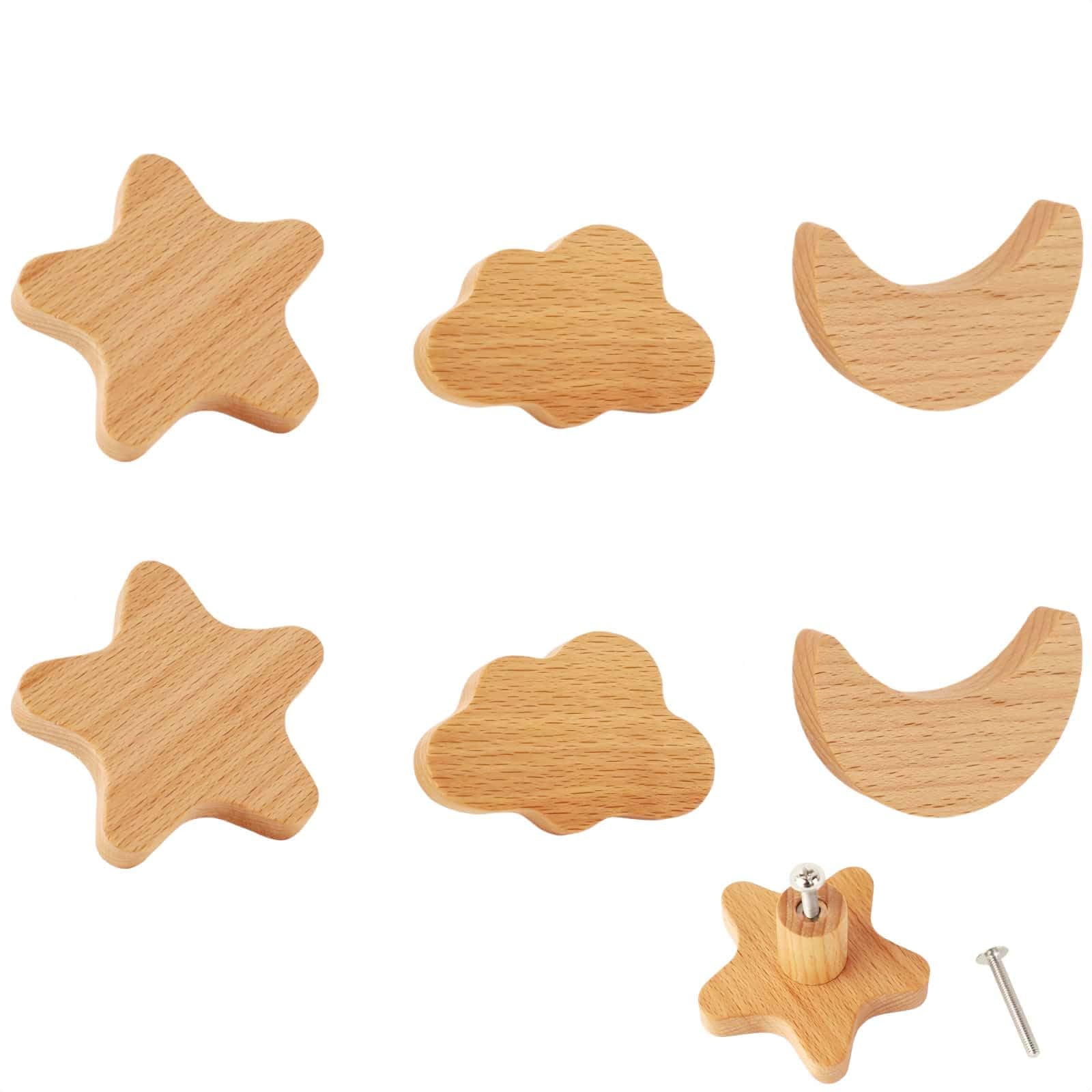 MHwan Solid Wood Kids Drawer Knobs, Stars, Moon, Clouds Wardrobe Door Knobs, Cute Childrens Room Decoration Close to Nature, Suitable for Bedroom Drawers and Wardrobes