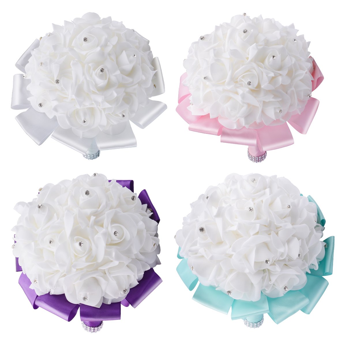 TrueLoveGift Wedding Bouquet, White Bouquet for Bride Bridesmaids with Diamond Soft Ribbons Artificial Rose Bridal Holding Flowers for Wedding, Party and Church