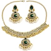 NewZenro Pink CZ Disc Beaded Tassel Dangle Drop Stud Earrings Choker Pendant Necklace Set for Women Gold Plated Vintage Indian Traditional Fashion Trendy Bollywood Jewelry for Party Wedding