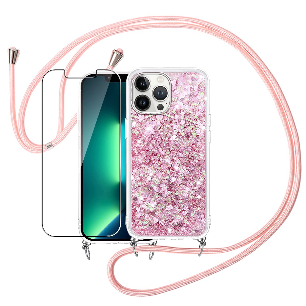 Pnakqil Crossbody Neck Lanyard Glitter Quicksand Case for iPhone 13 Pro Max 6.7" & 1Pc Premium Tempered Film Necklace Cover with Cord Bling Liquid Sparkle Soft Cover Holder for iPhone 13 Pro Max -Pink