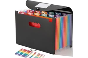 SortRax Accordion File Organizer 12 Pockets, Monthly Bill Receipt Tax Organizer, Expanding File Folders with Larger Bright Tabs, Fits Letter/A4 Size - Black