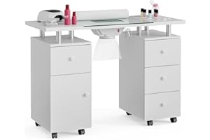 Belandi Manicure Table, Glass Top Nail Tech Desk Nail Table Station for Nail Tech w/Electric Downdraft Vent, Wrist Cushion, Lockable Wheels, Storage Drawers, Wooden Handles (White2)