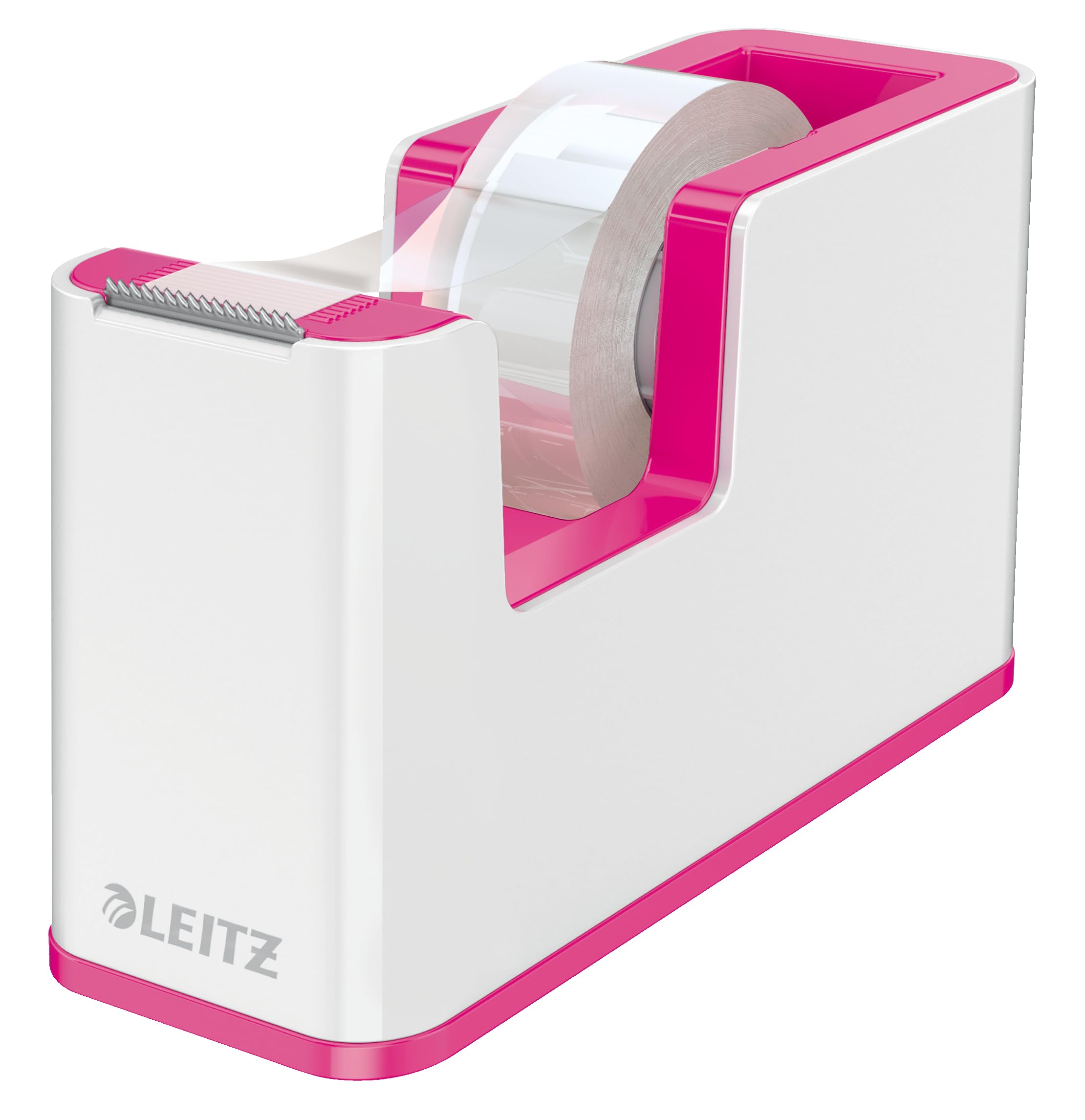 Leitz Tape Dispenser, Heavy Base with Tape, Wow Range, White/Metallic Pink