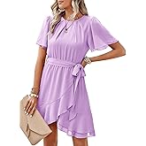 Dokotoo Womens Summer Dresses 2025 Crewneck Short Sleeve Waist Tie Ruffle Casual Chiffon A-Line Swing Mini Dress