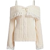 Women Off The Shoulder Sweater Long Sleeve Ribbed Knit Tank Shirt Lace Trim Patchwork Pullover Y2k Cute Bow Tops