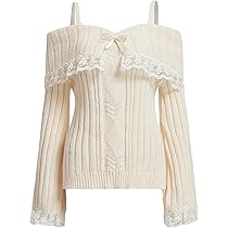 Adoeren Women Off Shoulder Sweater Cute Long Sleeve Lace Trim Knit