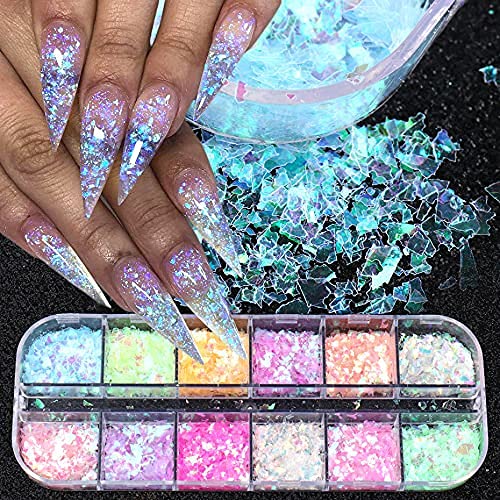CHANGAR Mermaid Flake Nail Glitter Sequins - Iridescent Ice Slag, Colorful Fluorescent Glass Paper Sticker, Holographic Glitter for Make Up DIY Nail Decoration