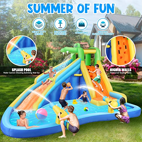 AKEYDIY Inflatable Water Slide Park with Splash Pool,Water Gun,Ball Shooting, Climbing Wall