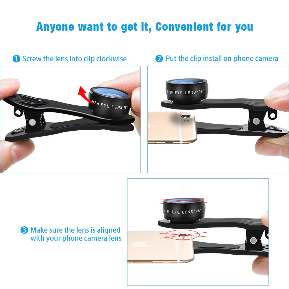 Phone Lens Kit, JoyGeek Universal 10-in-1 Camera Lens Kit 198° Fisheye, Wide & Macro Detachable Lens, 2x Telephoto, Kaleidoscope 3/6, Flow/4-Line Star/Radial Filter/CPL Clip-on Lens for Most of Smart Phones and Tablets