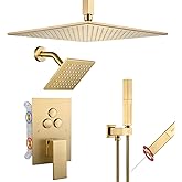 VANFOXLE Shower Faucet Set Brushed Gold Shower System,Push Button Diverter Shower Faucet with 2 in 1 Handheld,Ceiling Mount Increased Thickness 12 Inch Shower Head with 6 Inch Wall Mount Shower Head