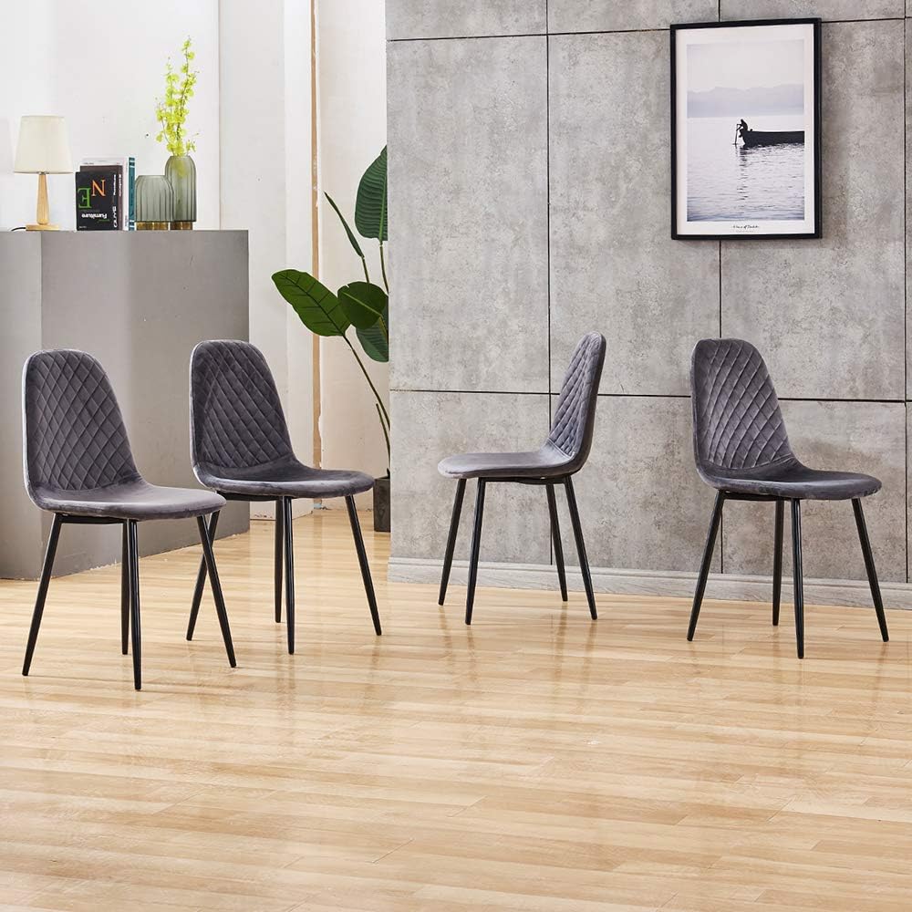 Huisen Furniture Grey Kitchen Dining Room Chairs Set Of 4 Tufted Velvet Office Home Reception Chairs Upholstered For Restaurant Occasional Accent Chairs Padded Seat With Black Metal Legs Furniture Home Kitchen