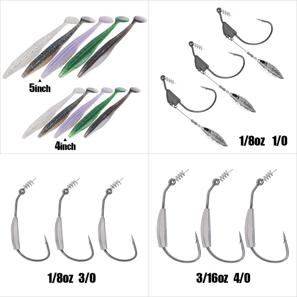 Swim-Fluke-Bait-for-Bass-Fishing-Lure-Paddle-Tail-Soft-Plastic-Baits Kit 4 - 5 Inch Pack of 25 (39PC Swimming Fluke Rig Kit) : Sports & Outdoors