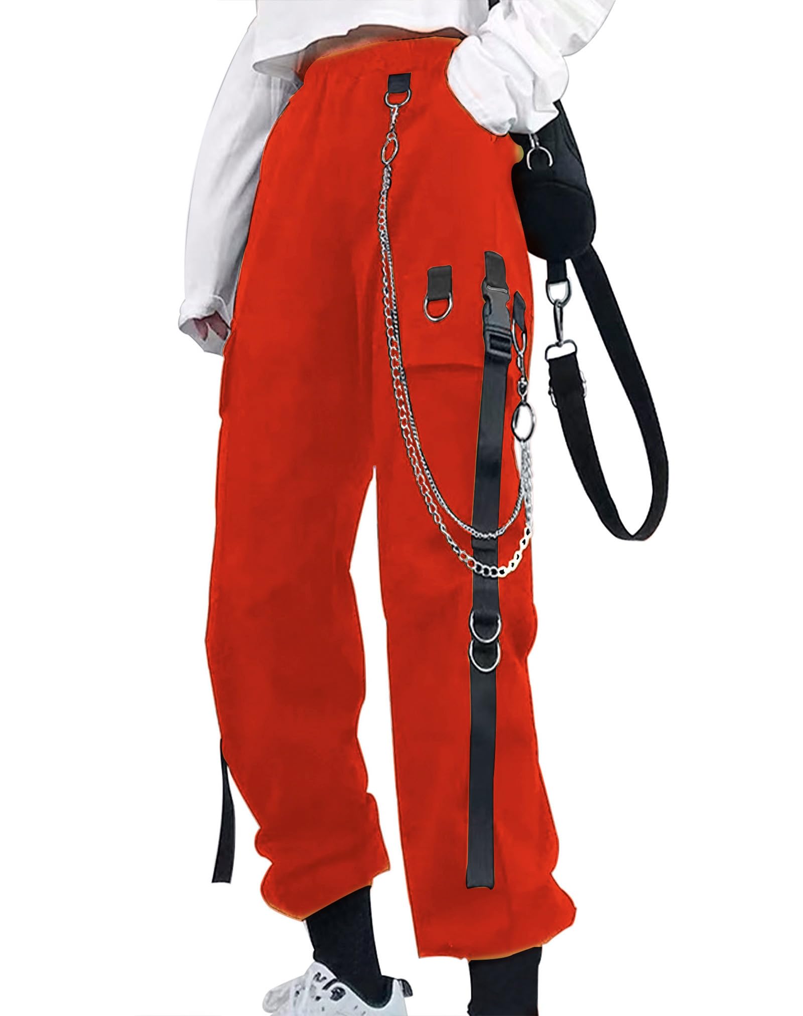 Kisswow Women’s Cargo Pants with Chain – Y2k Halloween Orange Pants, Casual Joggers Techwear Streetwear Gothic Clothes for Women Image