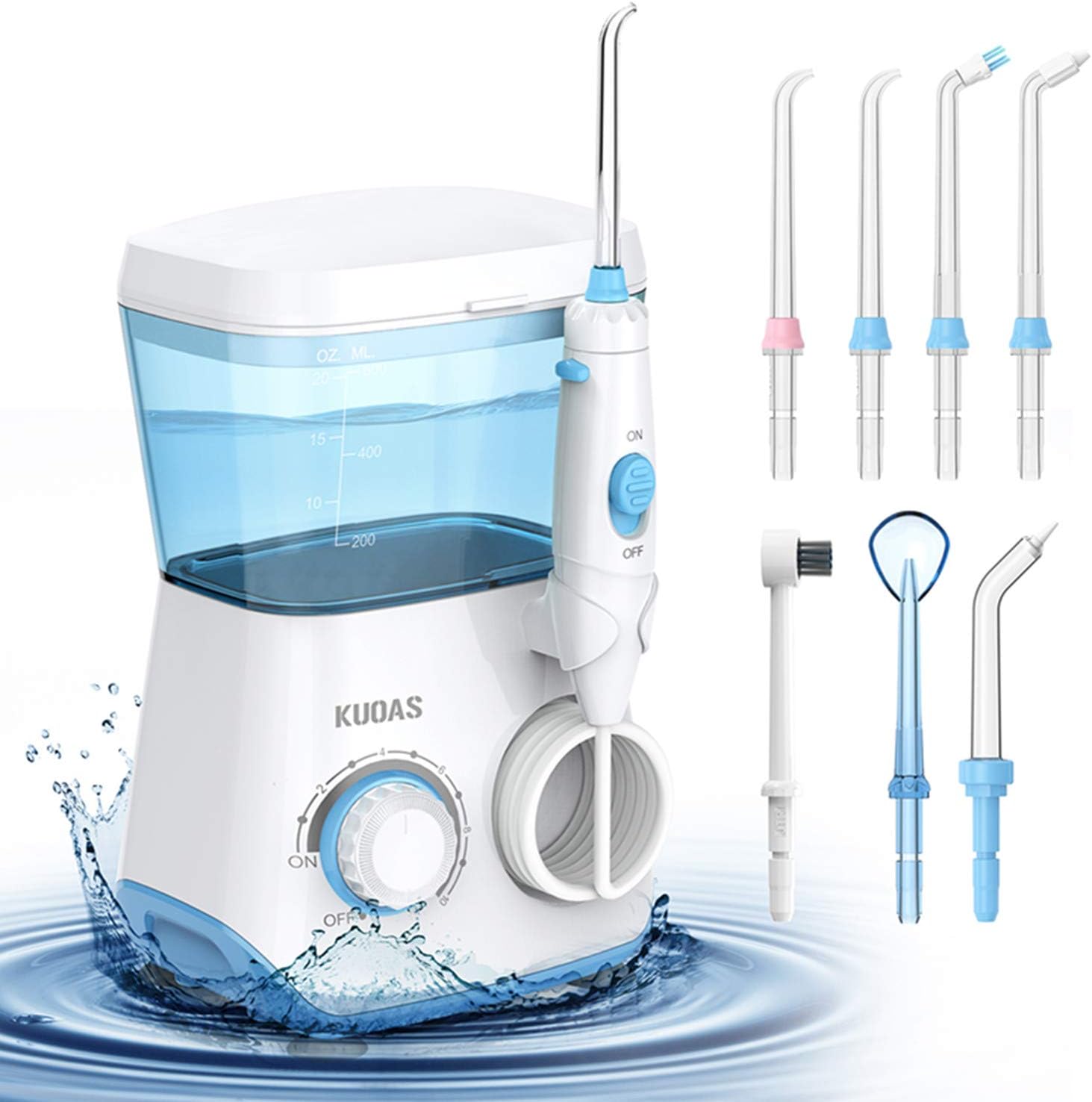Water Dental Flosser, KUOAS Water Dental Flossers for Teeth with 600ml Capacity and 8 Multifunctional Tips , 10 Pressure Countertop Water Power Flossers for Braces (White): Health & Personal Care