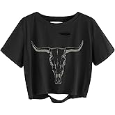 TIXOM Women Country Music Graphic Distressed Tee Shirt Sexy Ripped Short Sleeve Crop Tops