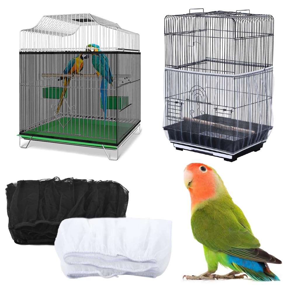 TRKETK 2-Piece Bird Cage Net Cover, Stretchy, Universal, Ventilate, Dust-Proof, Skirt (White + Black)