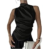 OYOANGLE Women's Satin Sleeveless Blouse Mock Neck Ruched Asymmetrical Hem Elegant Dressy Tops