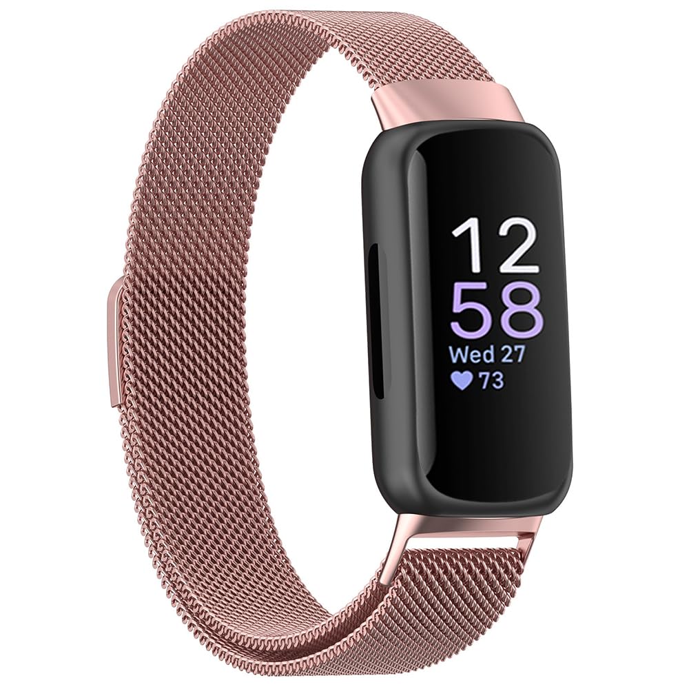 Moydolo Stainless Steel Metal Mesh Loop Adjustable Replacement Wristband Band Compatible with Fitbit Inspire 3 Straps - Rose Pink