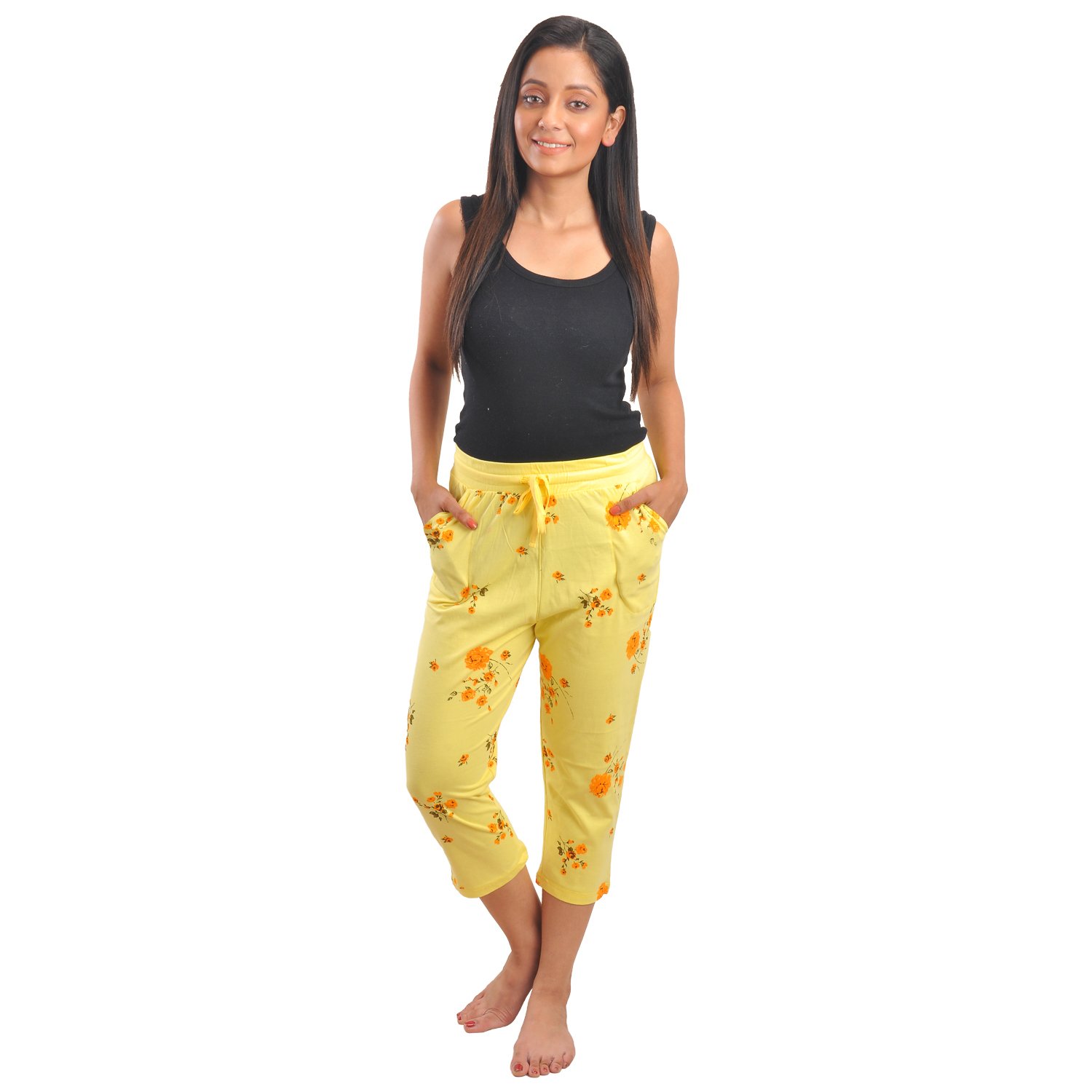 a9 women's cotton printed yellow capri