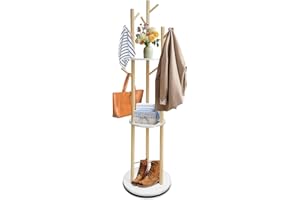 LIWSHWZ Rotary Coat Rack Standing,Freestanding Coat Tree with 3 Shelves and 9 Hooks,Solid Wood Coat Stand for Sturdy and Easy