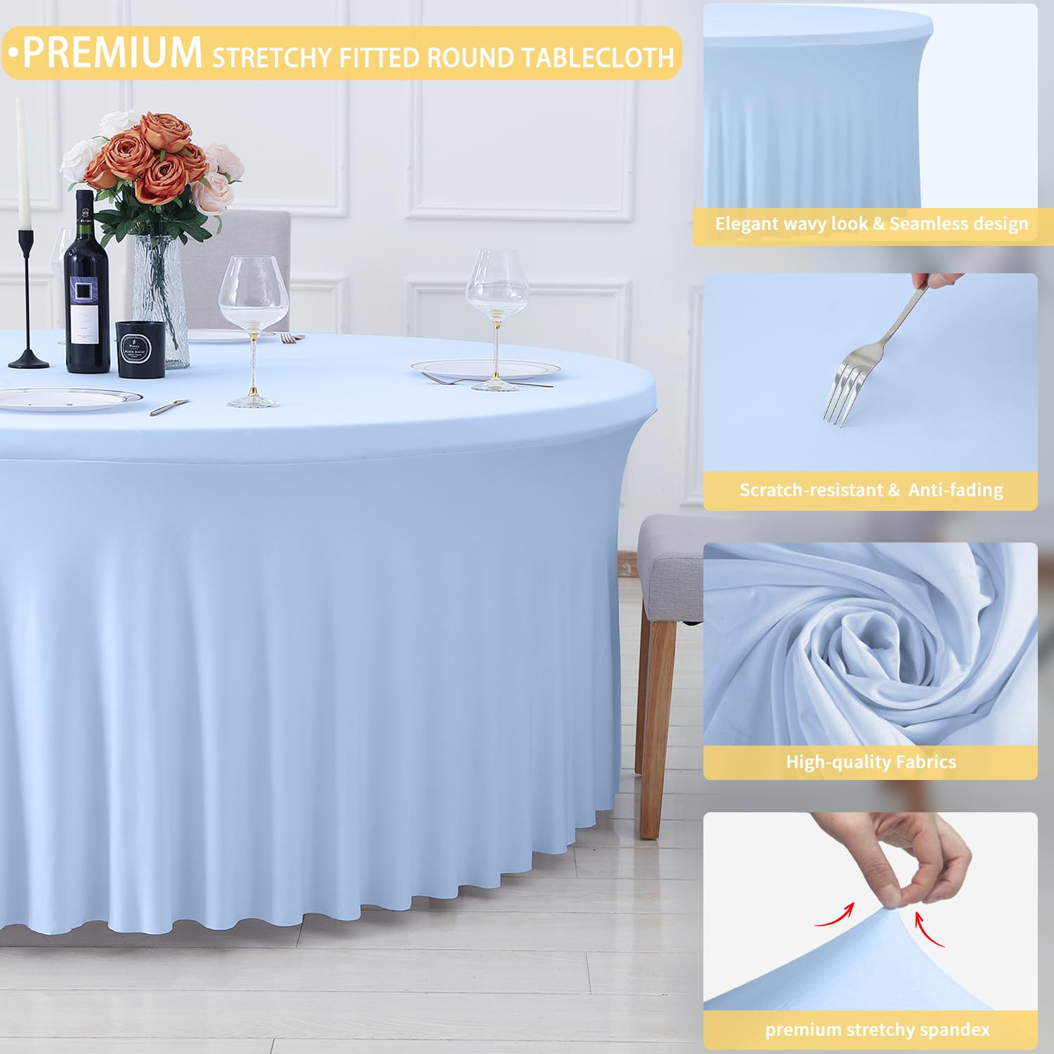GALLETY Baby Blue Table Cloth for 5FT Round Tables, Fitted Spandex 120 inch Round Tablecloth, Wrinkle Free Table Skirt for Receptions Birthday Photography Party Social Events Baby Showers Decorations