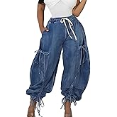 Voghtic Women's Baggy Y2K Elastic Waisted Jeans Bow-Knot Drawstring Pull-On Cargo Denim Pants Harem Pants Streetwear