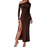 KUTUMAI One Shoulder Long Sleeve Maxi Dress Split Bodycon Ruched Formal Wedding Guest Dresses for Women Fall 2025