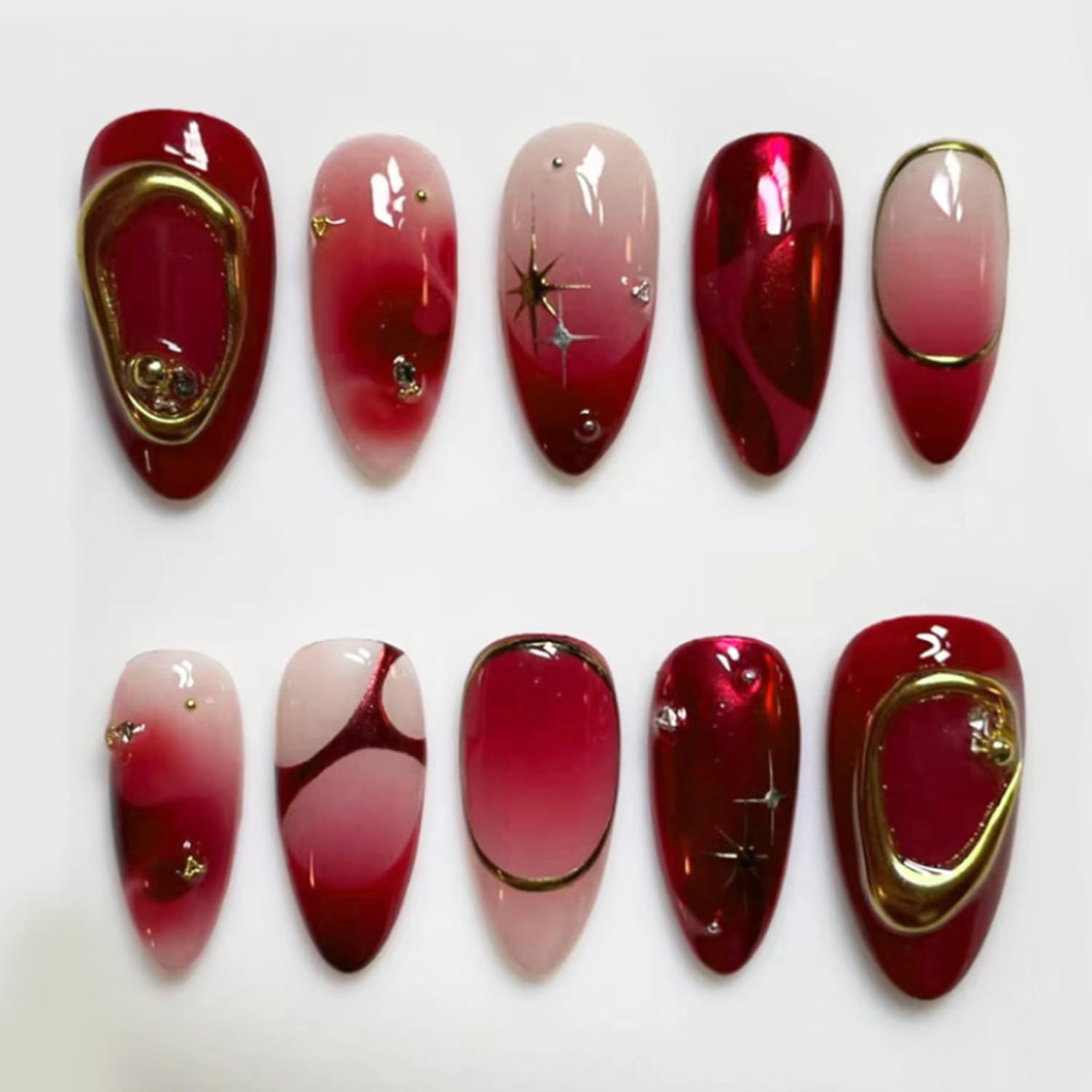Photo 1 of 24Pcs Deep red Press on Nails Medium Almond Fake Nails with 3D Texture Gold Design French Nails Gold Star Bead Stick on Nails Y2K Golden Line Ombre False Nails Punk Artificial Glue on Nails for Women