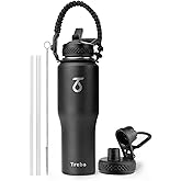 Trebo 32 oz Water Bottle Insulated Fit in Any Car Cup Holder,Triple Wall Vacuum Stainless Steel Water Bottles (Keep Cold for 48 Hrs),Leakproof Tumbler Flask with Paracord Handle,Straw Spout Lids