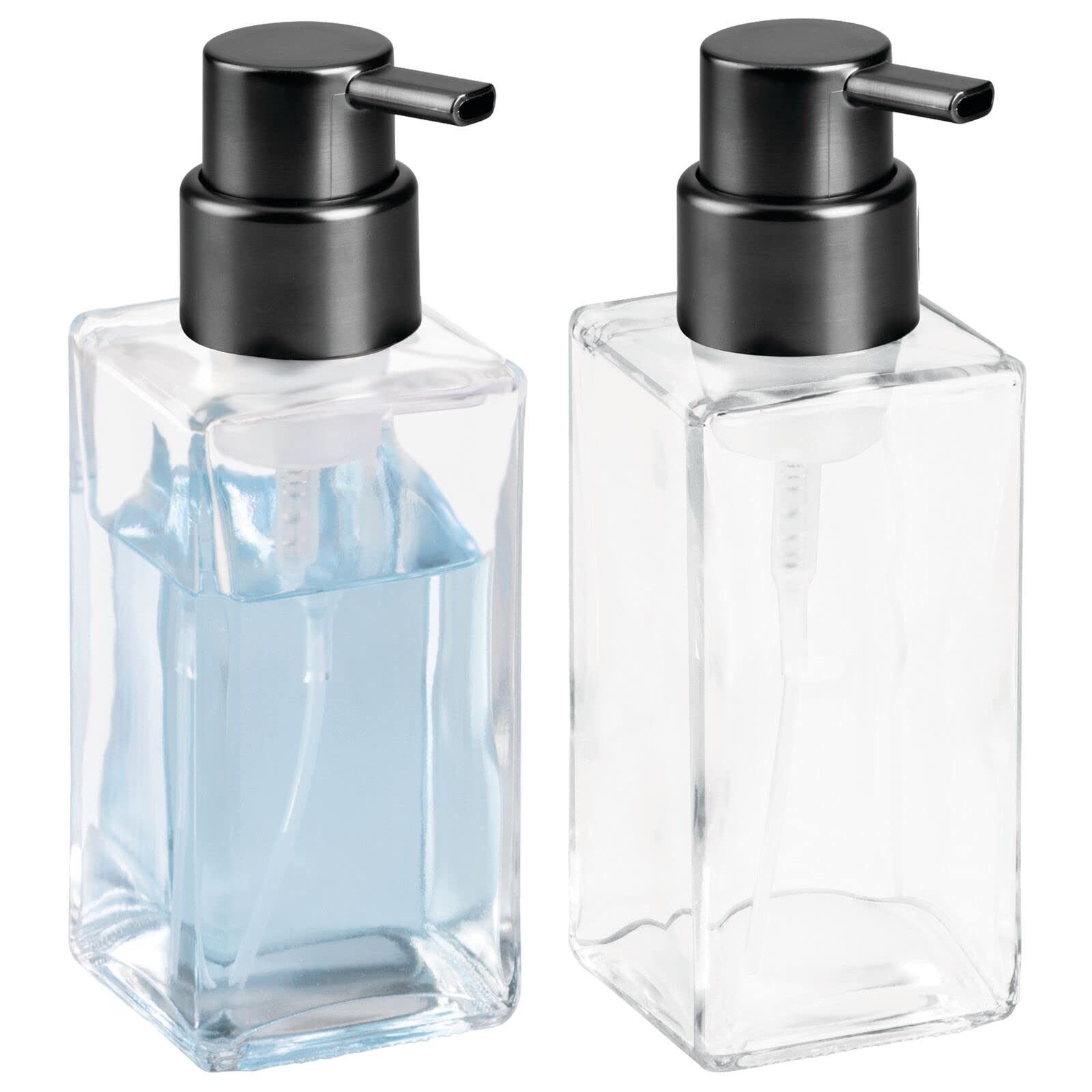 mDesign Set of 2 Foaming Soap Dispenser - Glass Soap Dispenser Pump - Refillable Soap Dispenser and Soap Pump - Ideal for Liquid Soap - Clear/Matte Silver