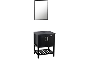 eclife 24" Farmhouse Bathroom Vanity Sink Combo W/Bottom Storage Shelf Modern MDF Black Cabinet Pedestal Wood Stand W/Mirror, 2 Soft Closing Doors, for Countertop Sink (24-B06)