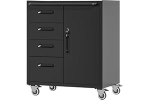 DARTIIA Metal Tool Cabinet for Garage with Wheels，Mobile Metal Storage Cabinet with 4 Drawer and 1 Door,Rolling Tool Storage Cabinet,Black,Assembly Required