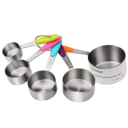 IPOW Verdickter Griff 5er Set von 304 Edelstahl Messbecher Messlöffel Amerikanische Cups mit Silikon Griff, Multifunktions fü