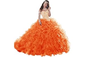 WANSHAQIN Women's Heavy Beaded Sweetheart Ball Gowns Dresses Organza Ruffles Quinceanera Dresses for Sweet 16