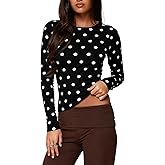 UAURORAO Women Polka Dot Top Long Sleeve Crewneck Y2K Crop Tops Dots Print Stretch Slim Fit T Shirts