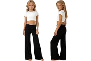 Girls Fold Over Yoga Pants Flowy Y2k Solid Color High Waist Bootcut Leggings Tween Pleated Flare Wide Leg Sweatpants