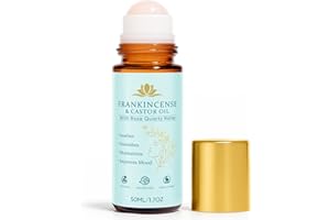 FIBOSARA Frankincense and Castor Oil, Castor Oil Roll On with Rose Quartz, 100% Pure, Organic, Cold-Pressed, Firms Skin, Reduces Fine Lines & Hormone Balance, Suitable for Face, Neck, Abdomen, 50ML/1.7OZ (1)