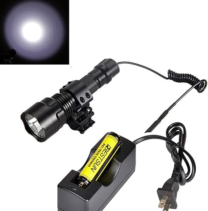 Amazon Com Bestsun Tactical Hunting Flashlight Ultra Bright Cree Xm L T6 Led 1600 Lumens High Powered 5 Modes Lamp Torch With Pressure Switch Barrel Rail Rifle Mount Rechargeable Battery And Charger Sports