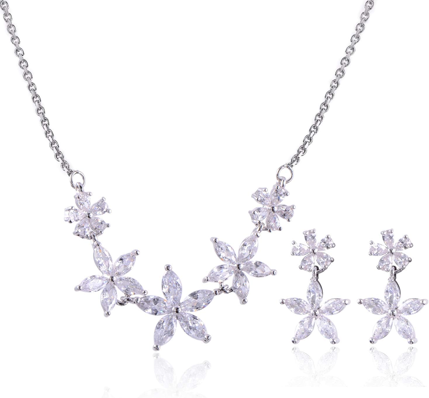 Mycitta CZ Jewelry Set for Women Bridal Prom Necklace Earrings Set Crystal Cubic Zirconia Rhinestone Flower Leaf Floral Petal Jewelry Set for Wedding Party Bride Bridesmaids