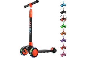 Allek Kick Scooter B03, Lean 'N Glide 3-Wheeled Push Scooter with Extra Wide PU Light-Up Wheels, Any Height Adjustable Handlebar and Strong Thick Deck for Children from 3-12yrs (Black-Red)