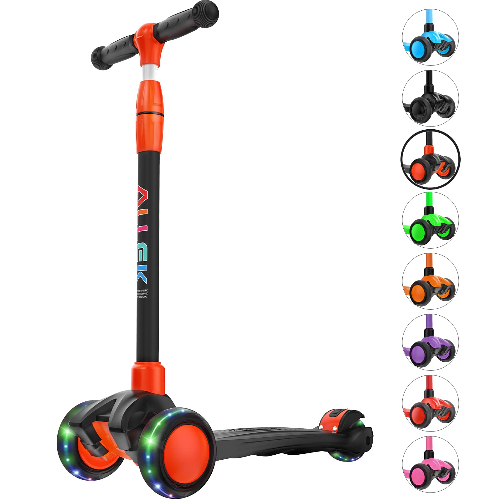 Allek Kick Scooter B03, Lean 'N Glide 3-Wheeled Push Scooter with Extra Wide PU Light-Up Wheels, Any Height Adjustable Handlebar and Strong Thick Deck for Children from 3-12yrs (Black-Red)