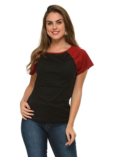 Women Black Maroon Cotton Raglan Cap Sleeves Top(XS-4XL)